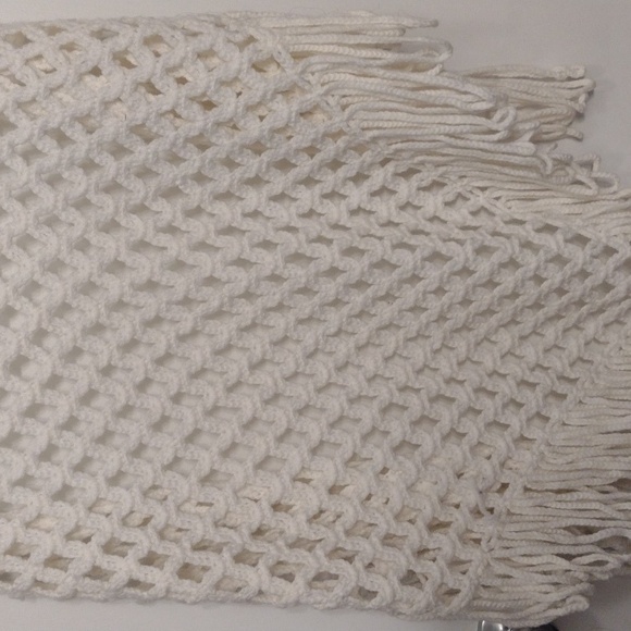 Handmade Crochet Cream Open Knit Shawl Boho Fringe Blanket Shawl - Picture 14 of 16